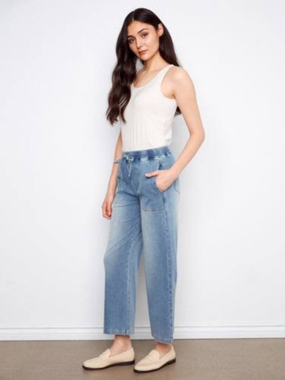 Charlie B Knit Wide-Leg Denim Drawstring Stretch Jogger - Size M - Picture 5 of 9
